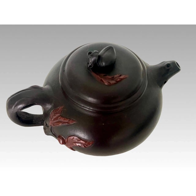 Chinoiserie Mid 20th Century Lucky Peach Yixing Zisha Chinese Unglazed Red Leaf Tea Pot With Twig Handle on Carved Wood Stand For Sale - Image 3 of 10