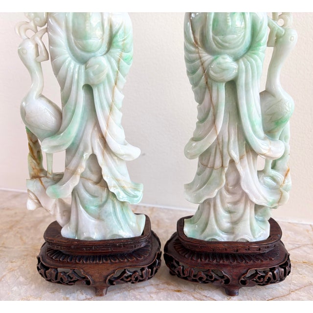 1900 - 1909 Pair 10" Antique Chinese Qing Natural Jadeite Jade Kuan Yin With Cranes & Stands For Sale - Image 5 of 12