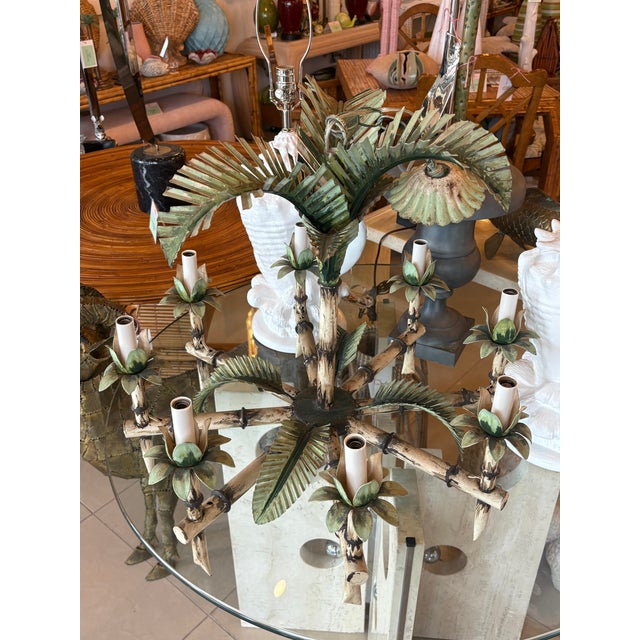 Vintage Tole Metal Palm Beach Tree Leaf Leaves 8 Light Chandelier For Sale - Image 13 of 17