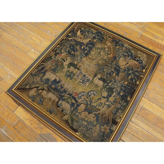 Mid 18th Century Scenic English Needlepoint ( 2'4" x 2'7" - 71 x 79 ) Antique Needlepoint Small Scatter Size Wool & Silk...