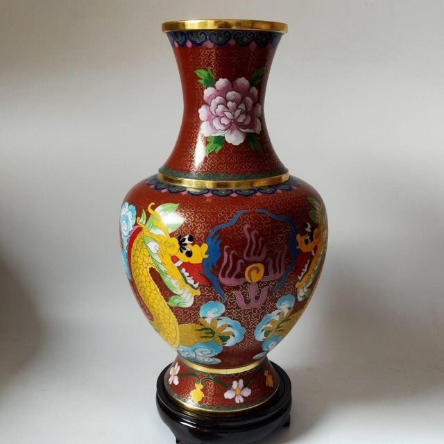 Vintage Cloisonné Enamel Dragon Vase – Red Ground, Gilt Accents, With Stand & Box For Sale - Image 4 of 9