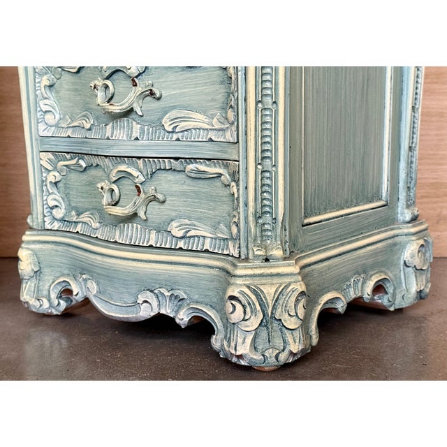 1950s Pair of Solid Wood Carved Turquoise Nightstands With Five Drawers, Signed For Sale - Image 9 of 13