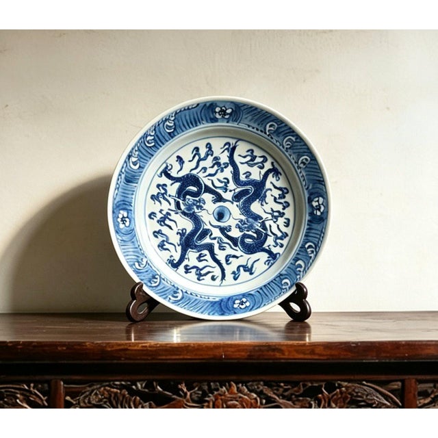 Art Deco Chinese Ceramic Plate,Blue and White Porcelain Plate Hand Painted Dragon Pattern For Sale - Image 3 of 11