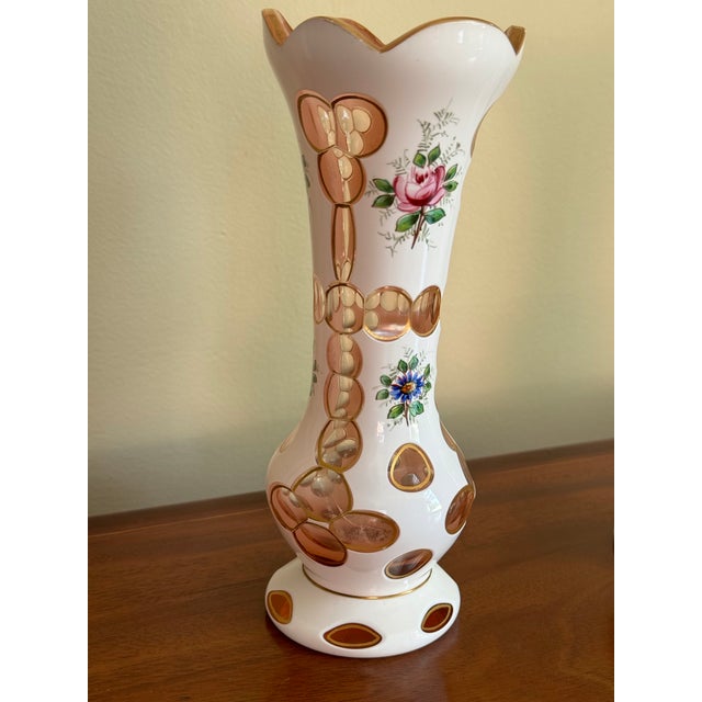 Early 20th Century Pair of Antique Bohemian White & Pink Cased Art Glass Vases With Hand-Painted Floral Decoration For Sale - Image 5 of 12