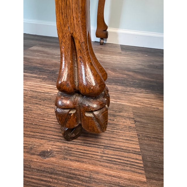 Mid-Century Modern Vintage Tiger Oak Writing Desk With Ball-and-Claw Feet & Cabriole Legs | Glass-Protected Top For Sale - Image 3 of 5