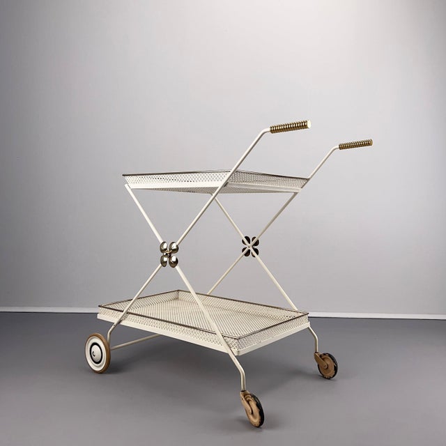 White Serving Trolley in Perforated Sheet Metal attributed to Vereinigte Werkstätten München, Germany, 1950s. For Sale - Image 11 of 11