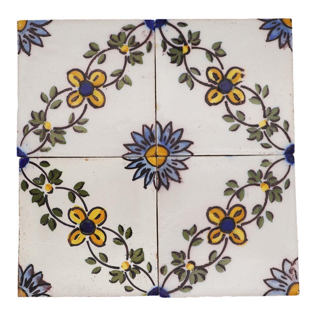 19th Century Set of Four Floral Tiles, Portuguese Baroque For Sale