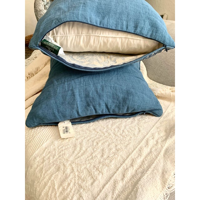 Pair Vintage Lauren Ralph Lauren Decorative Pillow Landing Damask Blue Scroll Design 18” X 18” For Sale In Miami - Image 6 of 12