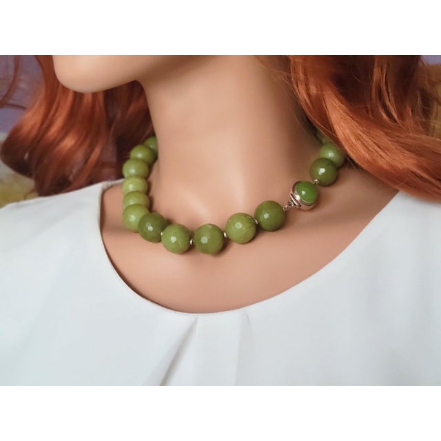 Contemporary Natural Olive Jade Beaded Necklace With Jade Clasp For Sale - Image 3 of 7