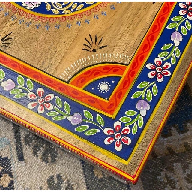 Hand-Painted Mango Wood Bajot Table – Mandala Boho Coffee Table Plant Stand For Sale - Image 6 of 8