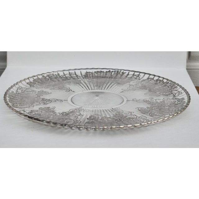 Vintage (1950's) Round Platter has an Art Nouveau Style. Made of Glass w/SIlver Overlay in a Grapes, Leaves and Vines...