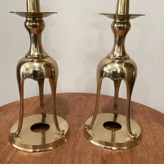 Metal Mid 20th Century Japanese Solid Brass Open Base Candlesticks- a Pair For Sale - Image 7 of 13