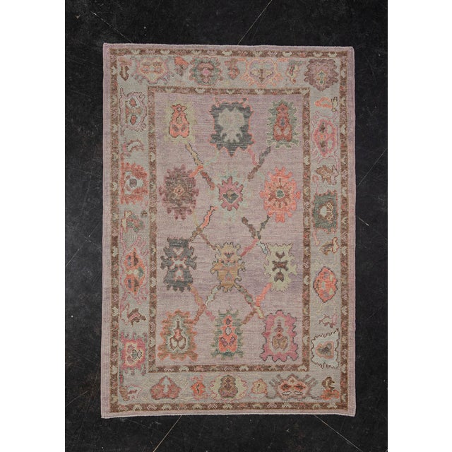 Turkish Oushak Rug Soft Lilac & Earthy Tones Handwoven Wool Rug 4'1" X 6' For Sale - Image 9 of 9