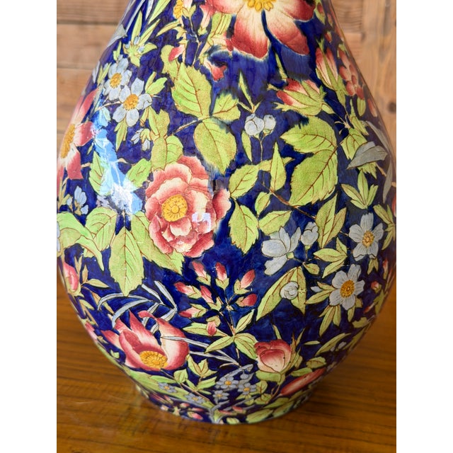 Blue Antique Art Nouveau Etruria Cretona Polychrome Floral Bottle Vase - 18" For Sale - Image 8 of 12