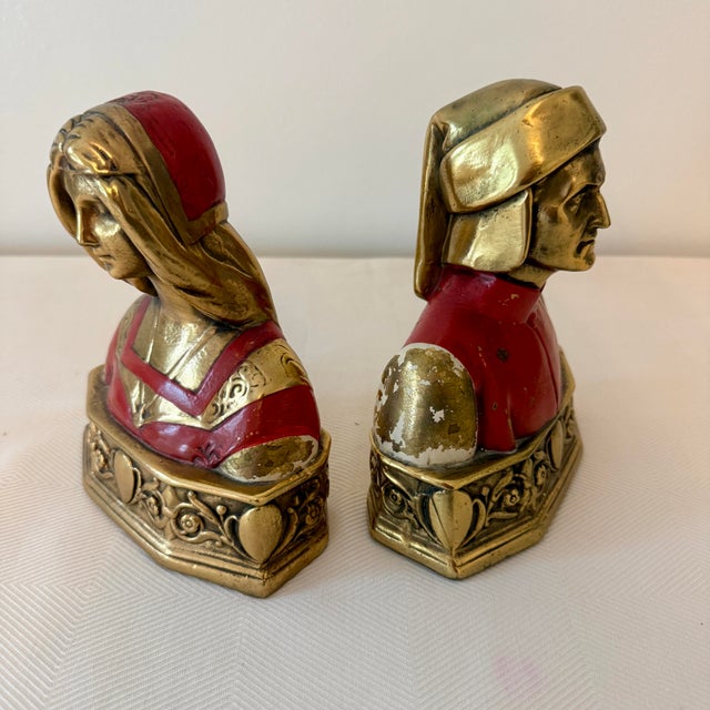 Art Nouveau 1940s Daison Metalliques 24k Gold Plated Cast Metal Dante & Beatrice Bookends For Sale - Image 3 of 12