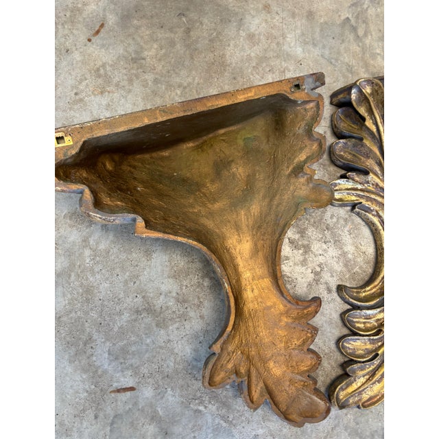 Late 20th Century Late Twentieth Century Carved Wood Regency Rococo Style Over Sized Gilt Laurel Leaf Wall Shelves Sconces, a Pair For Sale - Image 5 of 6