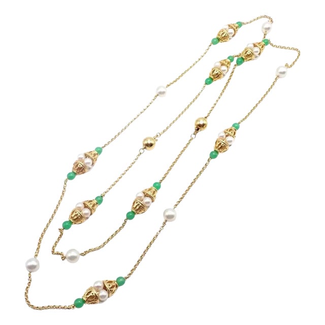 Vintage Mikimoto Pearl Yellow Gold Chalcedony Bead Long Necklace For Sale