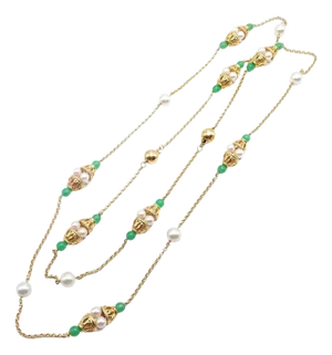 Vintage Mikimoto Pearl Yellow Gold Chalcedony Bead Long Necklace