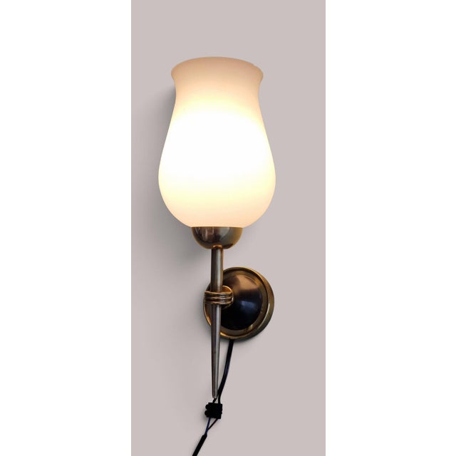 Vintage Wall Sconces in Brass and Opaline Glass from Arlus, 1950s, Set of 2 For Sale - Image 10 of 18