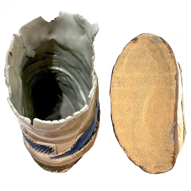 1970's Brutalist Art Pottery Striped Slab Oval Vase For Sale - Image 9 of 9