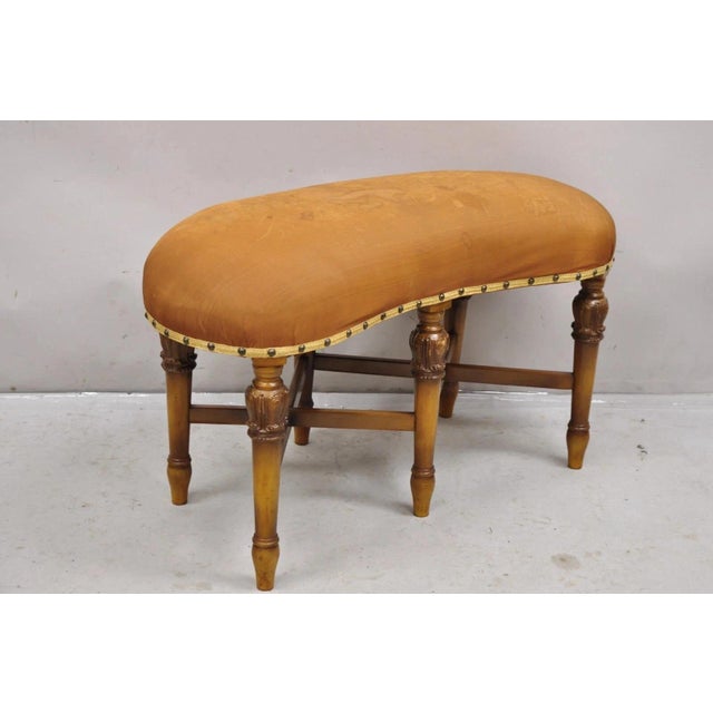 Antique Joerns Bros French Provincial Kidney Bean 6 Leg Vanity Bench Stool. Item features a carved stretcher base, brown...