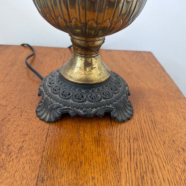 Metal 19th-Century Embossed Brass Parlor Lamp on Ornate Cast Iron Base - Electrified For Sale - Image 7 of 9