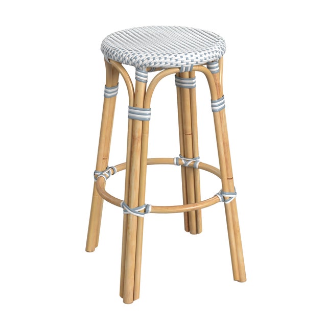 Ink Blue Tobias 30 in. Seat Height Round Rattan Backless Bar Stool, White/Sky Blue Dot / Natural Rattan Frame For Sale - Image 8 of 8