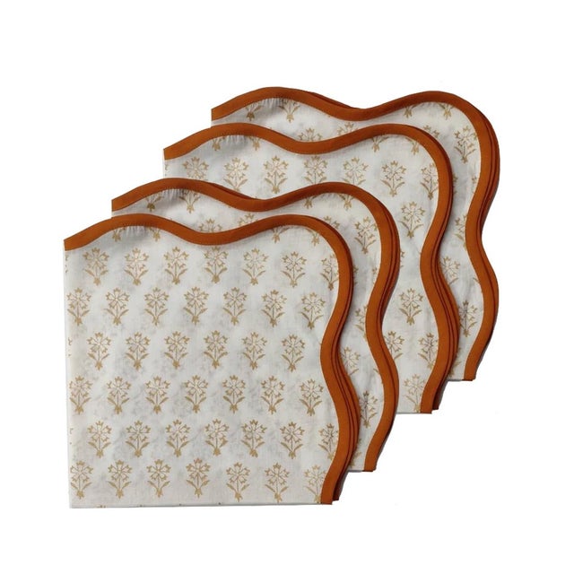 Handmade Scalloped Napkins, White with Ochre Trim - Set of 4 For Sale - Image 10 of 10