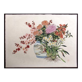 1980s An-Li Han Still Life Signed Numbered Serigraph, Japon Paper, Floral, Daffodils For Sale