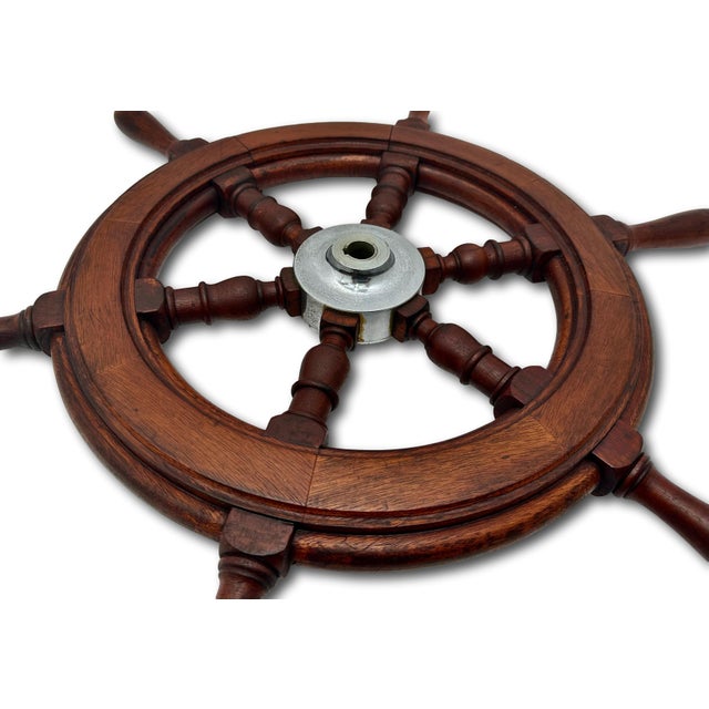 Fine Vintage Hand Made Large 25 Inch Authentic Mahogany & Rhodium Plated Brass Yacht - Ships Wheel - Mid 1900s For Sale - Image 17 of 18