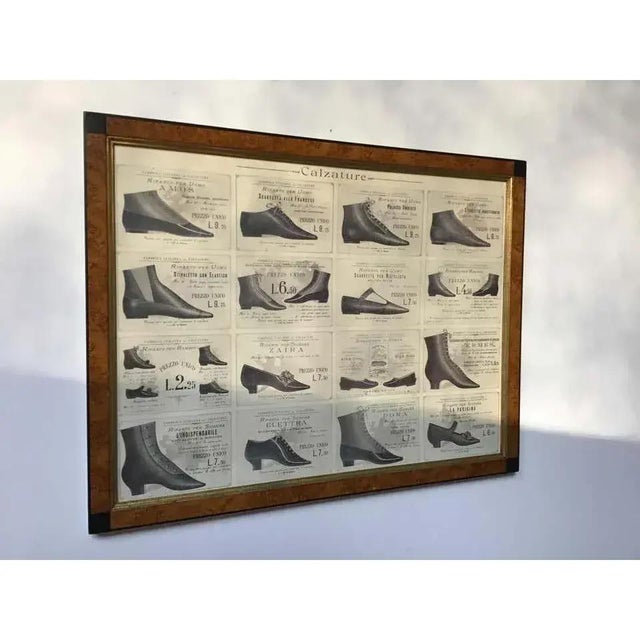 Framed Antique Print of Italian Shoe Advertisement An antique print of an Italian shoe advertisement in a burl wood frame...