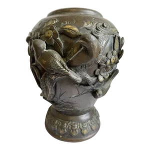 Meiji Period Japanese Bronze Vase With Birds, Branches & Foliage