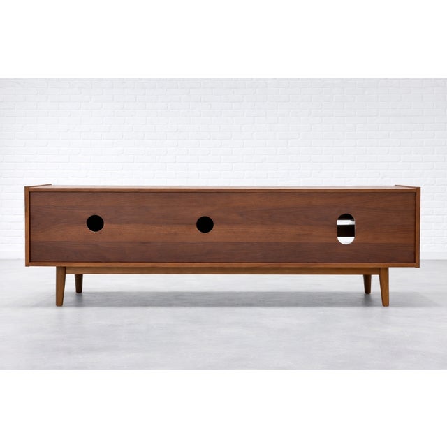 Modern Walnut Credenza / Media Console | Minimalist Sliding Door Sideboard For Sale - Image 10 of 10