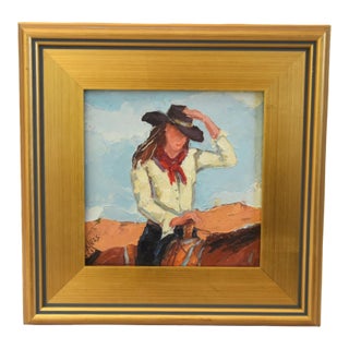 Impressionist Farmhouse Western Cowgirl Painting Including the Antiqued Gold Wood Frame For Sale