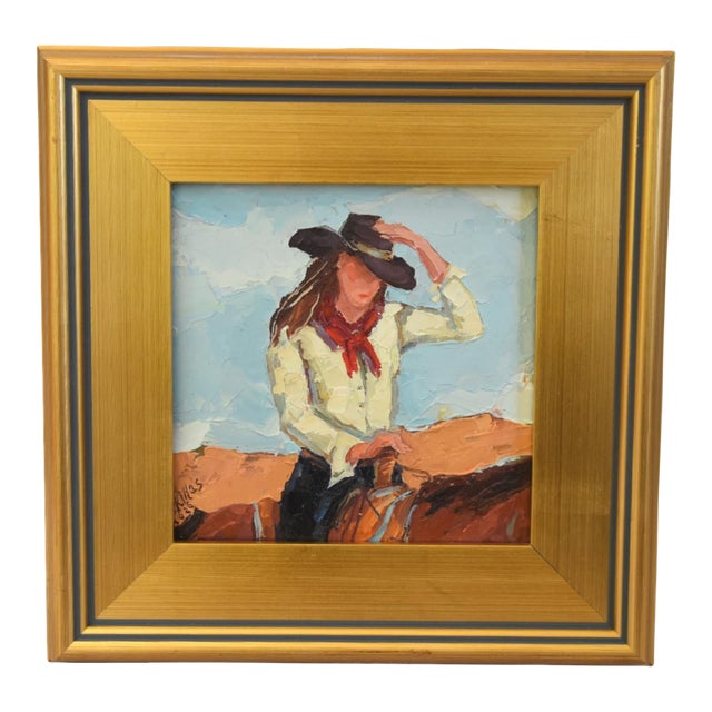 Impressionist Farmhouse Western Cowgirl Painting Including the Antiqued Gold Wood Frame For Sale