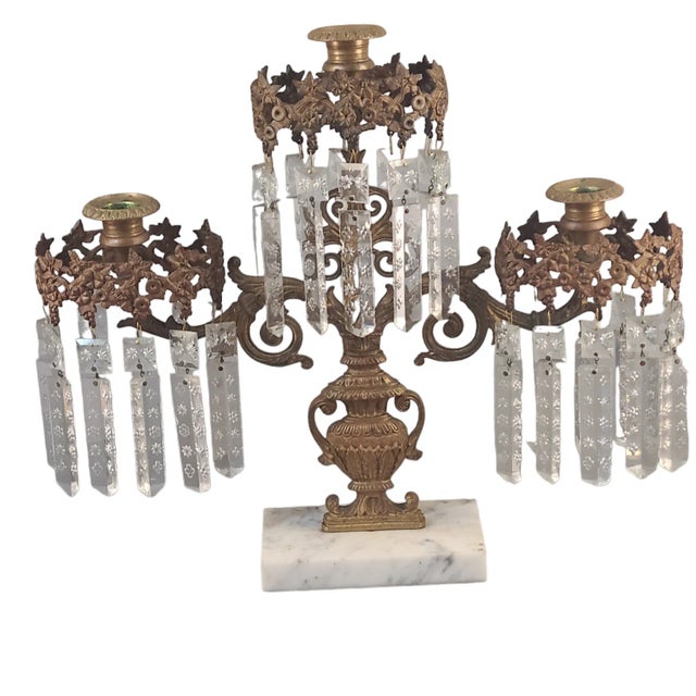 Antique Victorian 3 Light Girandole Centerpiece Candelabra Ornate Classical Urn, Crystal prisms, marble base measuring...