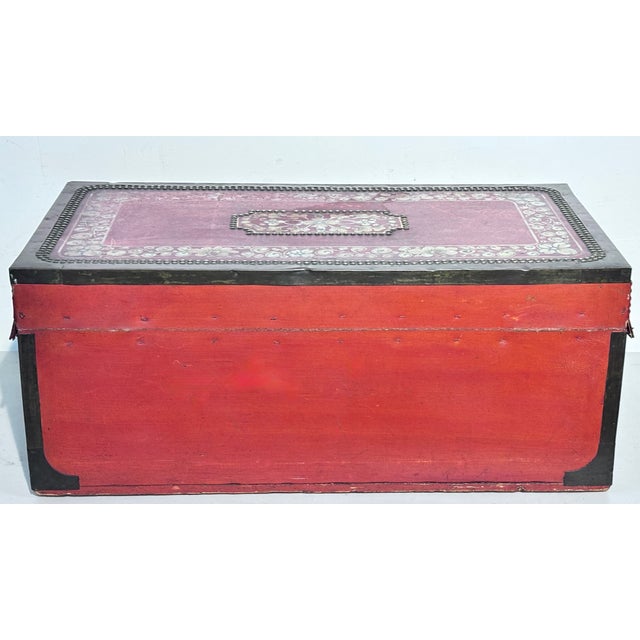 19th Century Chinese Export Red Leather Camphor Wood Trunk For Sale In San Francisco - Image 6 of 8