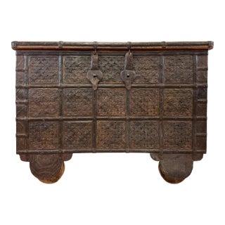 Vintage Carved Wood Indian Dowry Wedding Trunk For Sale