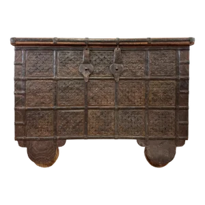 Vintage Indian Carved Wood Dowry Trunk Wedding Trunk
