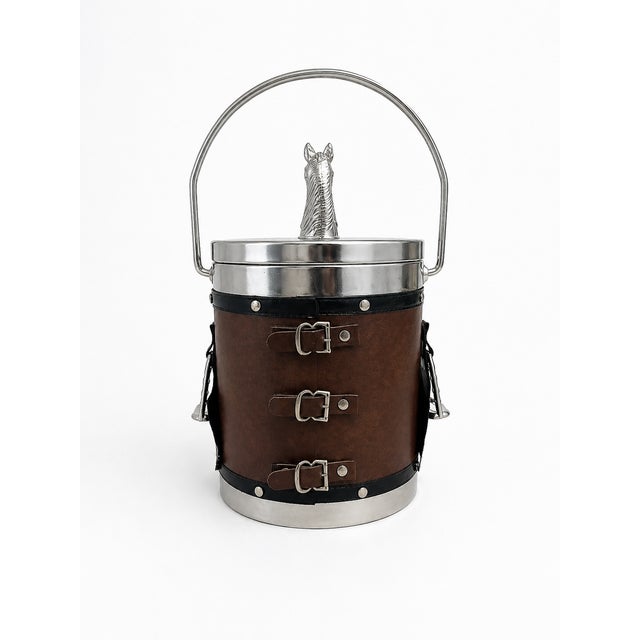 1970s English Equestrian Horse Ice Bucket in Dark Brown Faux Leather, 1970s For Sale - Image 5 of 8