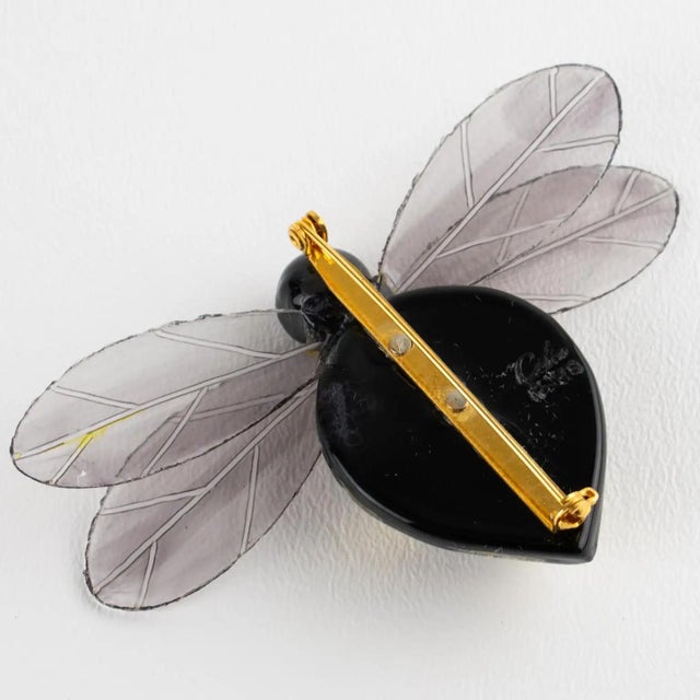 Cilea Paris Black and Gold Resin Carved Brooch Giant Honey Bee For Sale - Image 9 of 10