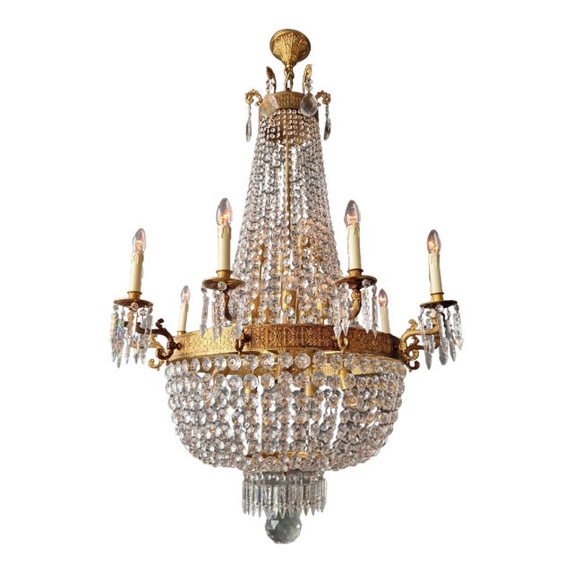 1910s Empire Brass Crystal Lustre Chandelier Ceiling Light For Sale
