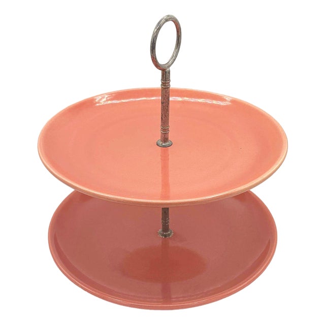 1950s Mid-Century Modern Pink 3 Tier Tidbit or Dessert Stand by Bauer Pottery Los Angeles For Sale