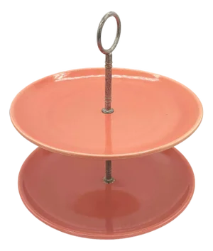 1950s Mid-Century Modern Pink 3 Tier Tidbit or Dessert Stand by Bauer Pottery Los Angeles