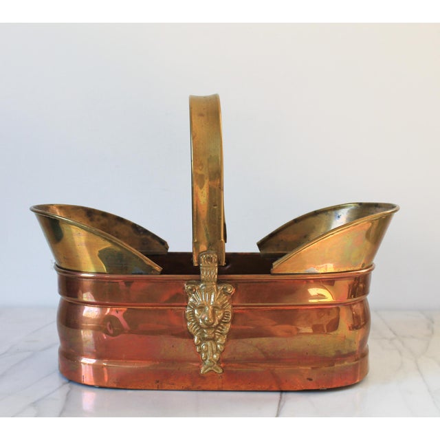 Vintage Brass & Copper Basket W/ Lion Head Motif For Sale - Image 4 of 9