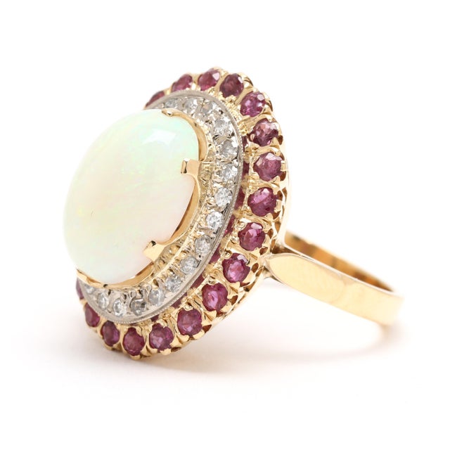 1.56ctw Opal, Diamond & Ruby Cocktail Ring, 18k Yellow Gold, Ring Size 7.5 For Sale - Image 4 of 6