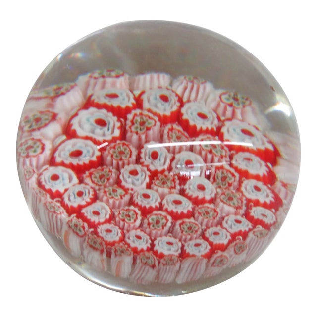 Hand Blown Art Glass Paperweight Red and White Flowers Design For Sale