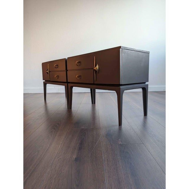 Mid-Century Modern Mid Century Modern Pair of Grey Nightstands W/ Amazing Brass Hardware For Sale - Image 3 of 10