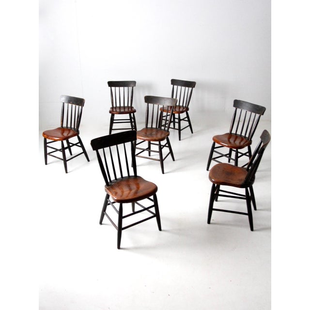 Farmhouse Antique Painted Plank Seat Chairs Set of 7 For Sale - Image 3 of 12