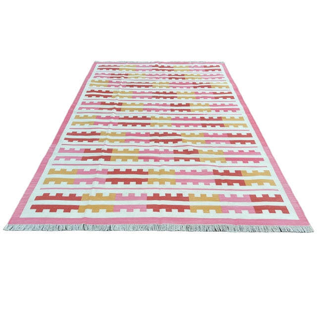 Handmade Cotton Natural Vegetable Dyed Reversible Pink Yellow Red Marianne Rug - 12'x15' For Sale - Image 9 of 11